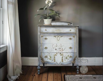 FREE SHIPPING *** Vintage Antique Solid Wood Floral Blue Gray Tall Chest of Drawers Dresser French Glam Gold Romantic