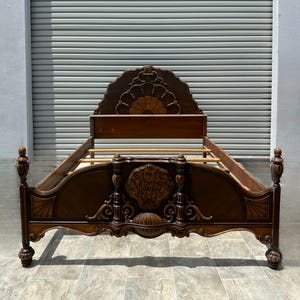 Restore/Paint ** CUSTOMIZE European Vintage Antique Solid Walnut Wood Full Size Bedframe Bed Gothic Headboard Footboard Vintage Bed