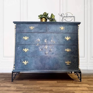 FREE SHIPPING  - Madame Jules Vintage Wood Blue Gold ART Chest of Drawers Dresser Antique 1900s - Free Shipping