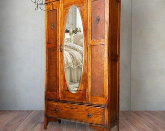 Vintage Antique 1920 Tiger Oak Mid Size Mirror Armoire Wardrobe Dresser Gothic Victorian