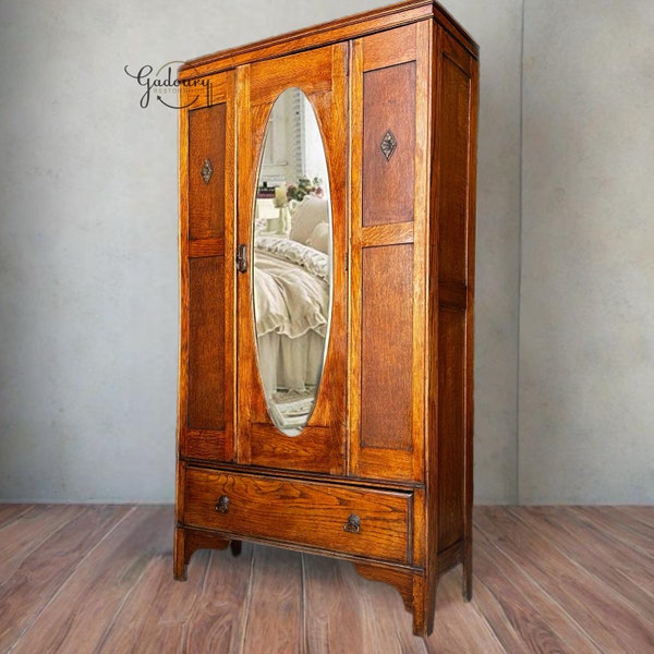 Vintage Antique 1920 Tiger Oak Mid Size Mirror Armoire Wardrobe Dresser Gothic Victorian