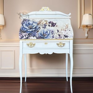 FREE SHIPPING *** French Blue Antique Girly Tiger Oak Gold Glam Solid Wood Secretary Work Vintage Desk Cabinet Hall Desk