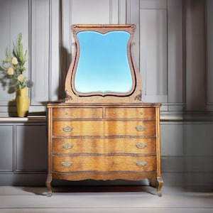 FREE SHIPPING ** Customize Restore/Paint Vintage Antique Serpentine French Solid Oak Chest of Drawers Dresser Mirror Vanity Vintage Small