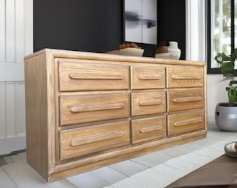 FREE SHIPPING *** Vintage MCM Mid Century Modern Solid Oak Natural light wood 9 drawer Dresser cabinet Tv stand Buffet Credenza Minimalist