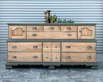 Sold Sold Sold -Do NOT Buy - Can Replicate Olive Green Solid Pine Walnut Wood Modern Natural Wood Long Dresser TV Stand Buffet Credenza