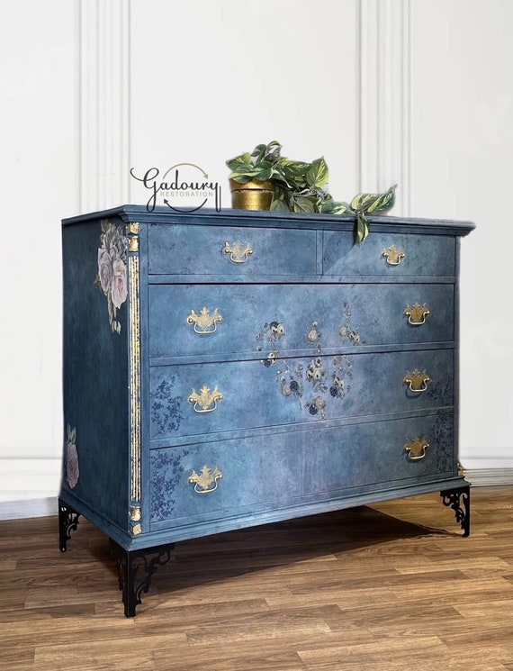 blue gold dresser Elegant Navy Blue Chevron Pattern Dresser With Gold Accents... S(42"Wx18"Dx30"H) / MOP