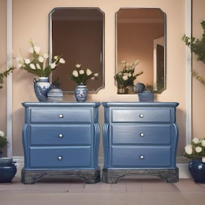 FREE SHIPPING *** Solid Wood Large Big Navy Dark Blue Wood Set of 2 Nightstands End Tables Dresser Drawer Side Tables