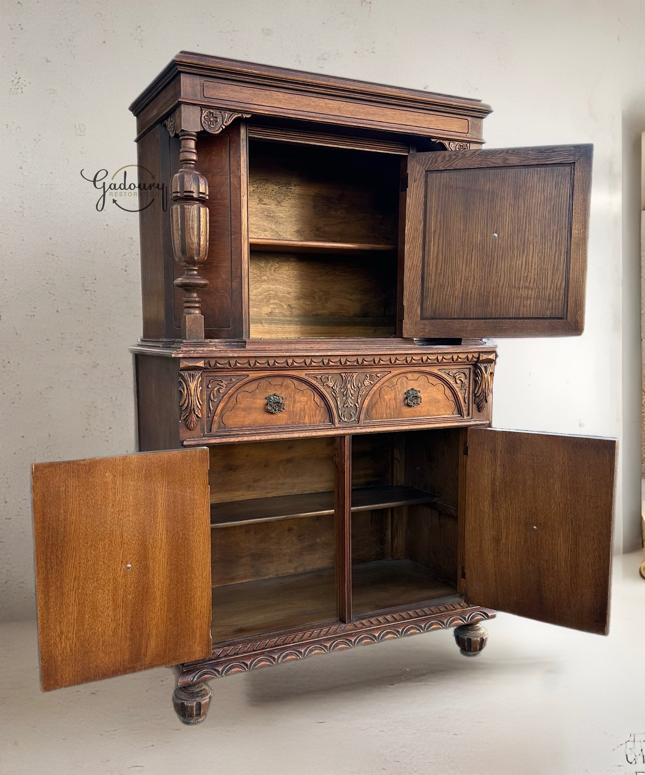 Antique Revival Jacobean Oak Vintage 1920 Gothic Victorian Hutch