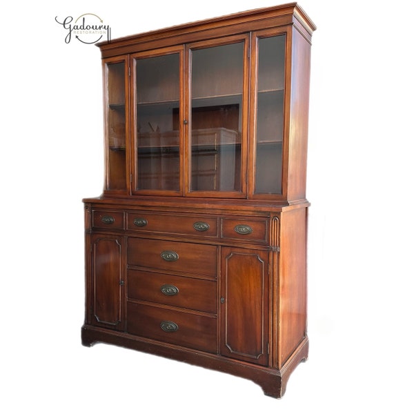 Bernhardt Furniture CO. Vintage antique solid mahogany wood china cabinet china hutch display bar modern mcm