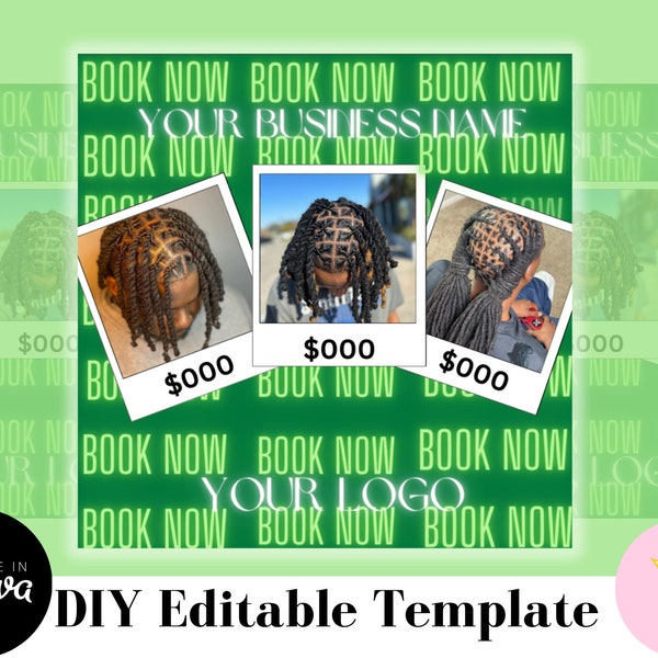 Locs Special flyer re-twist, knotless flyer, Book Now Appointments Beauty Hair Wig Braids Locs Social Media Canva Flyer Template