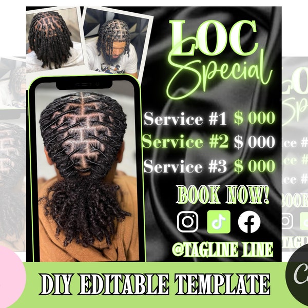 Locs Special flyer re-twist, knotless flyer, Book Now Appointments Beauty Hair Wig Braids Locs Social Media Canva Flyer Template
