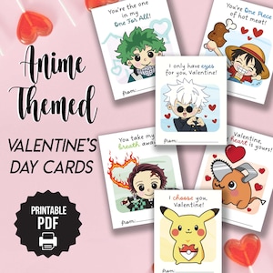 Tarjetas de San Valentín de anime, tarjetas de San Valentín de anime para imprimir, tarjetas de San Valentín de JJK, tarjetas de San Valentín de One Piece, tarjetas de San Valentín de Demon Slayer, tarjetas de San Valentín de MHA, tarjetas de Pokémon