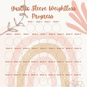Op de afbeelding: Een printbare gewichtsverlies tracker met een roze en bruine kleurschema. De tracker heeft een regenboogontwerp en is verdeeld in 52 weken. Elke week heeft een cirkel om de voortgang te markeren.