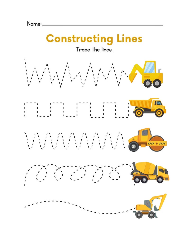 Prewriting Construction Line Tracing Worksheets for Preschool, Fine