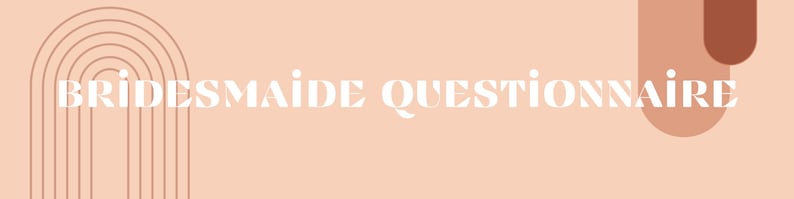 Pu&ograve; includere: Uno sfondo color pesca con una sovrapposizione di testo bianco che recita "BRIDESMAID QUESTIONNAIRE". Lo sfondo ha un design astratto marrone sui lati sinistro e destro.