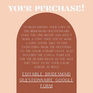 Pu&ograve; includere: Un download digitale per un questionario per damigelle d'onore stampabile. Il testo recita "Grazie per l'acquisto!" e "Questionario per damigelle d'onore modificabile Modulo Google Modello Canva per l'immagine di intestazione".
