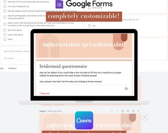 Puede incluir: Una pantalla de ordenador que muestra un cuestionario de Google Forms para una dama de honor. El cuestionario se titula "bridesmaid questionnaire" y hace preguntas sobre el día de la boda, incluyendo el presupuesto de la dama de honor para un vestido. La pantalla también muestra el logotipo de Canva y el texto "edit header with canva link".