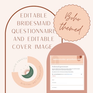 Pu&ograve; includere: Modello di questionario per damigella d'onore modificabile con tema boho. Il modello presenta una luna e un sole verdi con foglie, e il testo "Kelsey Creates Digital Art Templates". Il questionario include il testo "questionario per damigella d'onore" e "Hey my lovelies, if you could take a few minutes to fill this out it would be super helpful for planning down the road! Answer honestly please!"