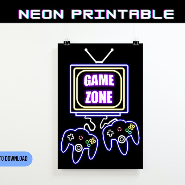 Digital Game Zone Poster, Printable Retro Gaming Wall Art, Neon Game Zone, Gamer Decor, neon lighting artwork