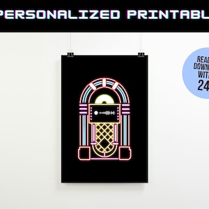 Könnte beinhalten: Ein druckbarer digitaler Download eines Neon-Schilddesigns mit einem Vintage-Jukebox und dem Text "Ready to Download Within 24H".