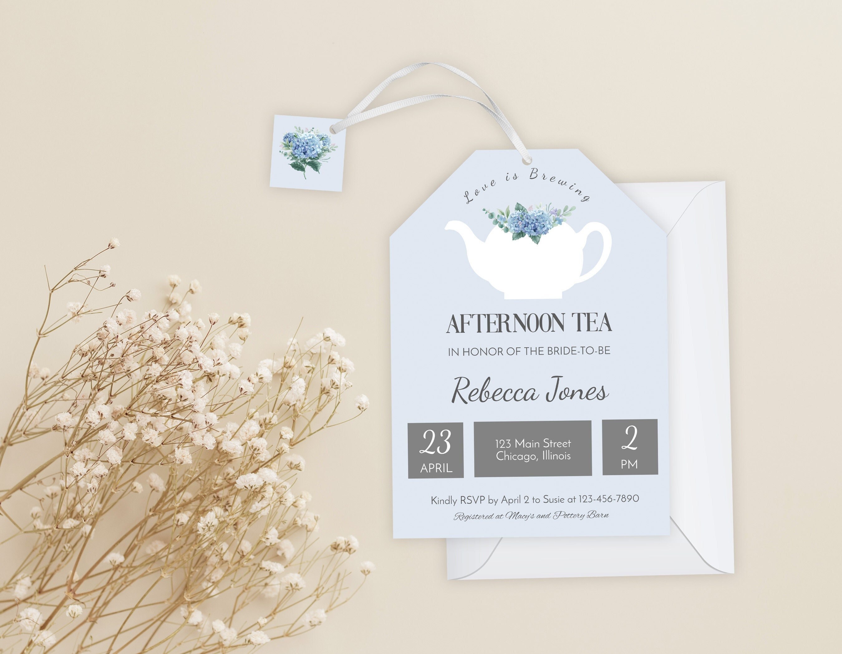 Bridal Shower Invitation, Tea Bag Shaped, Editable Corjl Instant ...