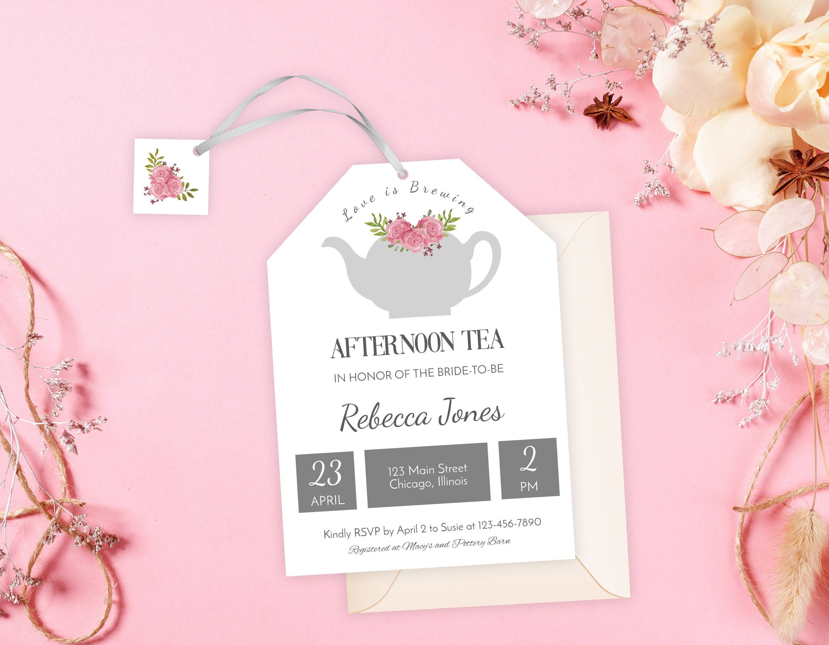 Bridal Shower Invitation, Tea Bag Shaped, Editable Corjl Instant ...