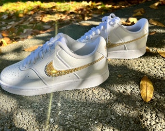 Blinged out women’s court low vision sneakers - Embellished in hundreds of gold Crystal Rhinestones - Customize Colors - Kid Sizes Available