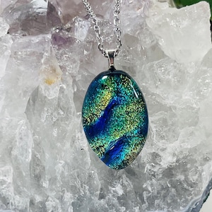 Dichroic fused glass pendant Dichroic fused glass multicolor necklace Stunning dichroic glass teardrop jewelry Unique wearable art pendant