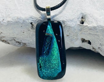 Dichroic glass Pendant, Fused glass dichroic boho necklace, Fused dichroic black & teal green glass pendant, Art deco glass jewelry pendant