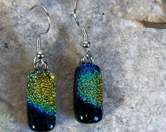 Dichroic fused glass dangle earrings, Sterling silver dichroic fused glass drop earrings, Fused glass earrings, glass jewelry, Boho jewelry