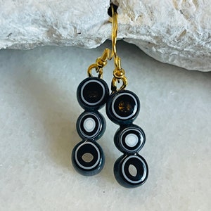 Beautiful fused glass Murrini dangle earrings, Sterling silver black, white and grey drop earrings, Fused glass earrings, Boho jewelry