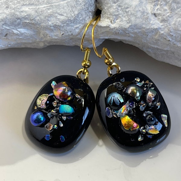 Dichroic fused glass dangle earrings, Sterling silver dichroic drop earrings, Fused glass earrings, Colorful dichroic glass earrings, Unique