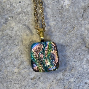 Dichroic pink and green glass jewelry pendant, Fused glass square necklace, Boho jewelry, Dichroic fused glass with gold chain pendant