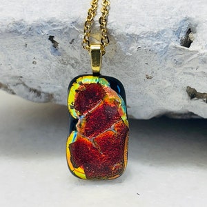 Dichroic fused glass pendant, Dichroic glass with gold chain necklace, Orange and gold dichroic fused glass pendant, Unique glass pendant
