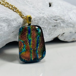Dichroic fused glass pendant Shimmering dichroic fused orange, green, blue glass necklace Boho jewelry Multi colored dichroic glass pendant