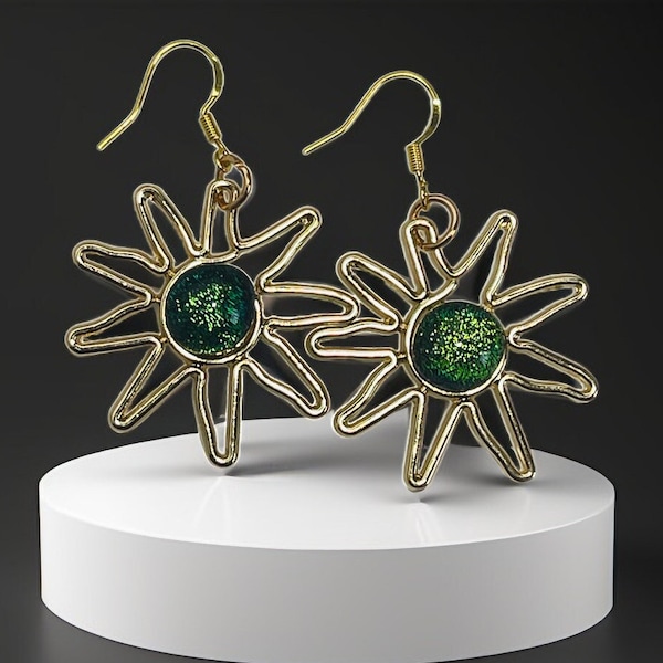 Dichroic glass starburst dangle earrings, Starburst gold wire drop earrings, Fused dichroic green glass dangle earrings, Boho style earrings