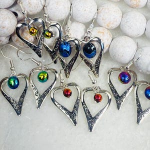 Dichroic Glass Heart Dangle Earrings: Etched Silver, Handmade Jewelry