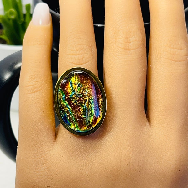 Adjustable large dichroic glass statement ring, Dichroic glass ring, Fused glass ring, Dichroic jewelry, Boho jewelry, Unique statement ring