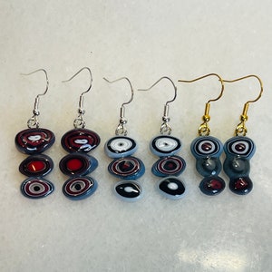Beautiful fused glass Murrini dangle earrings, Sterling silver red, grey, black and white drop earrings, Fused glass earring, Boho jewelry