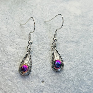Dichroic glass teardrop dangle earrings, Sterling silver drop earrings, Fused dichroic glass earrings, Dichroic jewelry, Boho jewelry