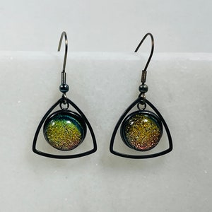 Dichroic glass dangle earrings, Glass jewelry, Dichroic drop earrings, Glass dangle earrings, Fused dichroic glass earrings, Boho jewelry