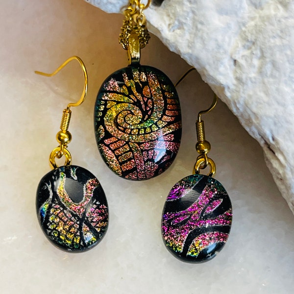 Dichroic fused glass pendant & earring set, Dichroic fused glass necklace/earring set, Boho jewelry, Fused Glass jewelry, Glass jewelry set