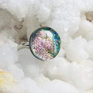 Stunning adjustable dichroic glass statement ring, Dichroic glass pink multicolor ring, Dichroic fused glass wearable art ring, Boho jewelry