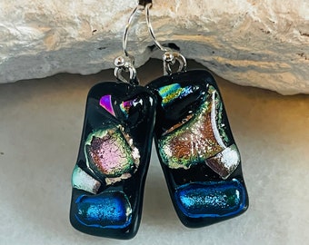 Dichroic fused glass dangle earrings, Sterling silver dichroic drop earrings, Fused glass earrings, glass jewelry, Boho jewelry, Unique