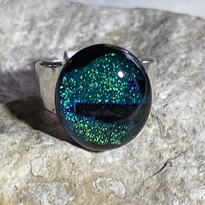 Dichroic fused glass Sterling silver ring, Dichroic glass ring size 7 1/2, Dichroic fused glass jewelry, Boho jewelry, Fused glass ring