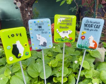 Estaca de jardín de cristal 3D con forma de gato: Decoración artesanal para plantas, ideal para amantes de los gatos.