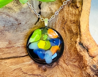 Murrini Millefiori Pendant – Handmade Fused Glass Art Necklace – Wearable Art Jewelry - Vibrant Multicolor Boho - Stainless Steel Chain