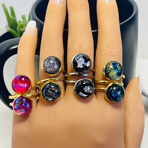 Stunning dichroic glass statement ring, Fused glass adjustable ring, Glass ring, Dichroic jewelry, Boho, Unique ring, Spiral ring