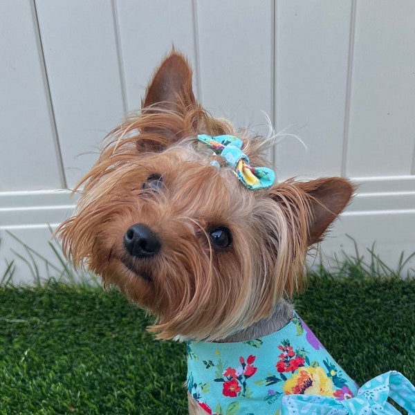 Pioneer Woman Vintage Teal with Flowers, Pet Tiny Butterfly Hair Bows, Baby, Rubber Band or Alligator Clip, 1.5" tall, 2" wide, Top Knot