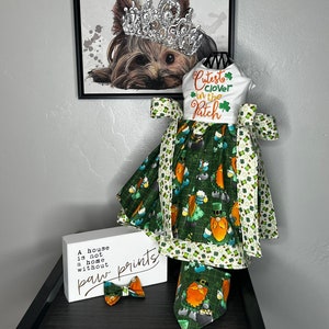 May include: A green and white dress with a shamrock and leprechaun print. The dress has a white bodice with the text "Cutest Clover in the Patch". A matching green and white bow tie and bandana are also pictured. The image includes a sign that reads "A house is not a home without paw prints".